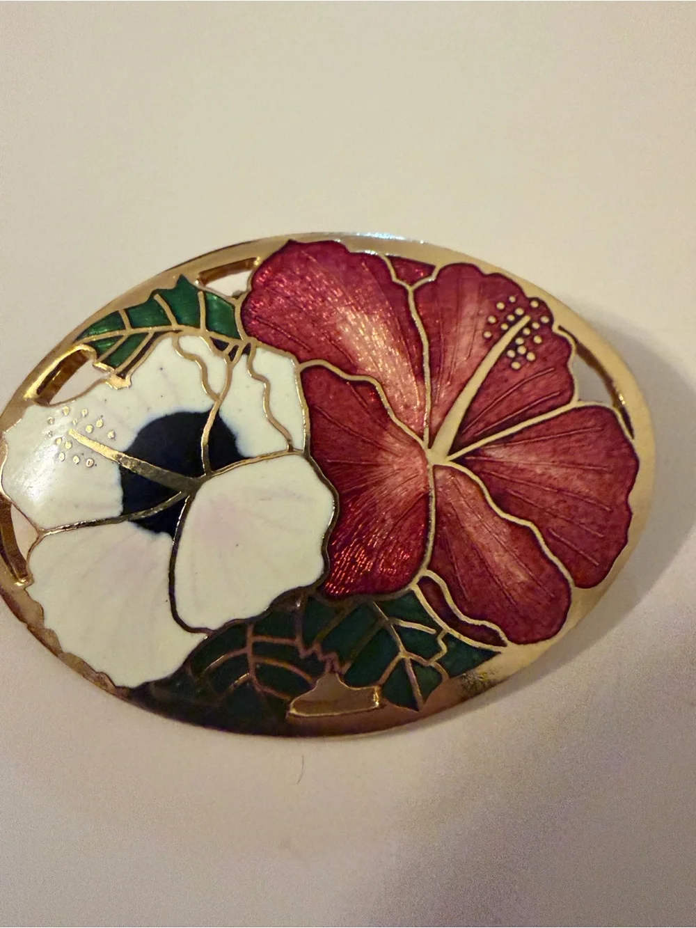 Oval Floral Enamel Cloisonne Style Brooch Pin- Attributed To Behave Sieraden